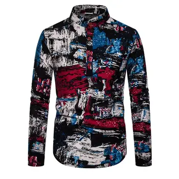 

Linen Shirts Men Ethnic style Floral graffiti Stand collar Unique button design Long sleeves Blouse Men Shirt