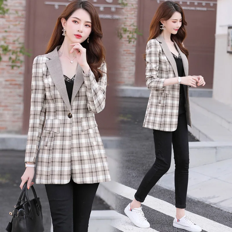 

Plaid Suit Jacket Women's 2019 New Style Early Autumn Coat Women's Versatile Korean-style Mid-length Leisure Suit Blouse