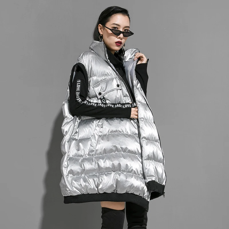 CHICEVER корейское плюс Толстое Зимнее пальто для женщин со стоячим воротником без рукавов оверсайз повседневное теплое хлопковое пальто Топы женские Новинка