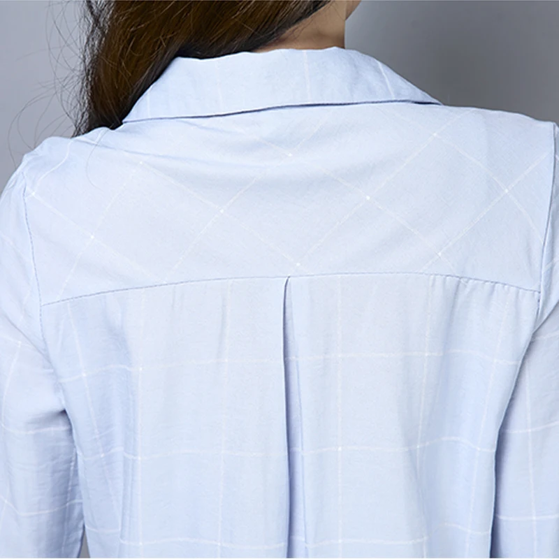 Сезон осень; Новинка; Модная одежда с длинными рукавами отказался вниз офисные женские туфли большие размеры Закрытая Повседневная рубашка в клетку