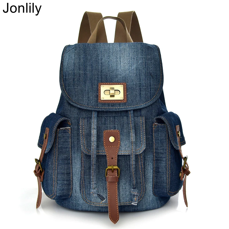 

Jonlily Women Denim Backpack Vintage Drawstring Bag Female Fashion Daypack Teens School Bag Casual Travel Bag -KG386