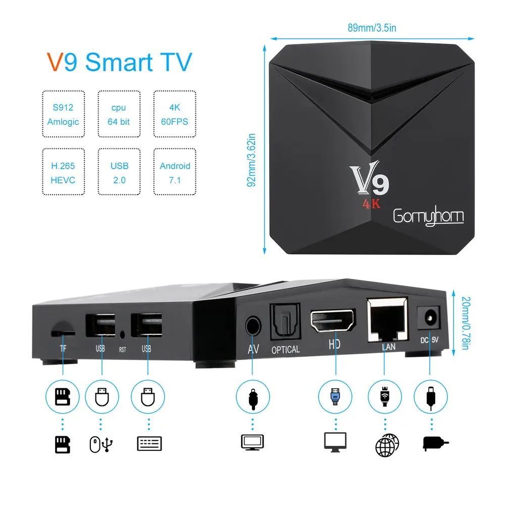 TV Box Android 7.1 V9 Smart Box Amlogic S912 Octa Core 3GB RAM 32GB ROM H.265 3D 4K HD 2.4G/5G Dual Band Wi-Fi BT4.0