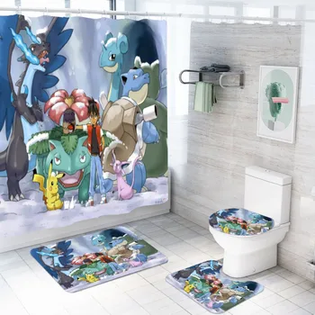 

Custom Bathroom Set Rug Set and Toilet Cover Pokémon Anime Polyester Fabric Bath Curtains with Hooks Pikachu Decor Curtain