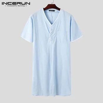 

Men Sleep Robes Short Sleeve V Neck Cozy Leisure Homewear Breathable Fashion Nightgown Men Clothes Bathrobes Plus Size INCERUN