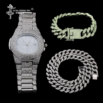 

Necklace+Watch+Bracelet Hip Hop Miami Curb Cuban Chain Gold Color Iced Out Paved Rhinestones CZ Bling Jewelry For Men Rapper