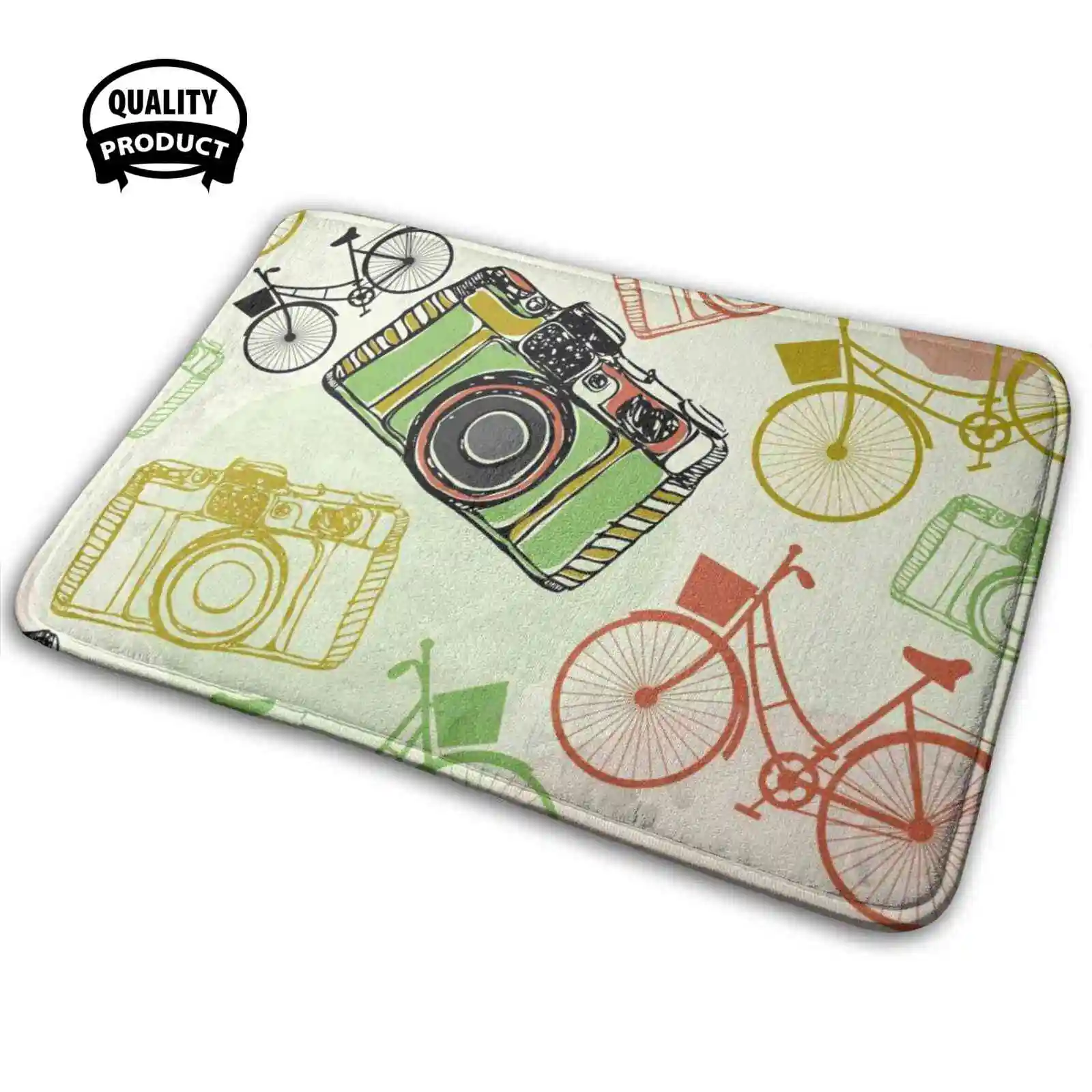 Macchina Fotografica Vintage E Biciclette Casa Morbida Famiglia Antiscivolo Tappeto Tappeto Vecchio Set Art Ride Seat Bike Icona Sveglia Lente Pellico