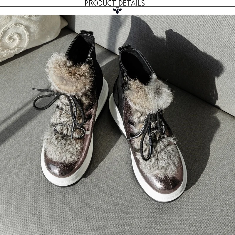 ZVQ cool runk snow boots silver black winter leather wool 5.5cm mid heels women's shoes lace-up zipper round toe ankle boots