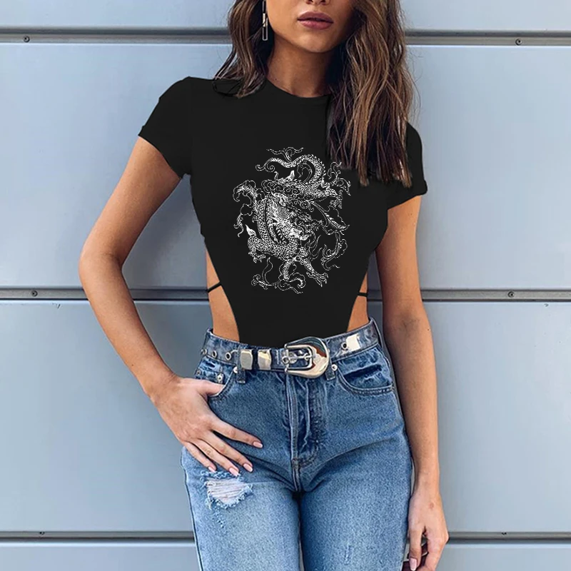 Body Sexy con letras de dragón para mujer, bodys ajustados informales de manga corta con cuello redondo, partes de arriba tipo Body de una pieza