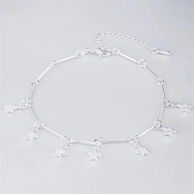KOFSAC New 925 Sterling Silver Anklets For Women Charm Pentagram Ankles Chain Bracelets Girl Barefoot Sandal Beach Foot Jewelry