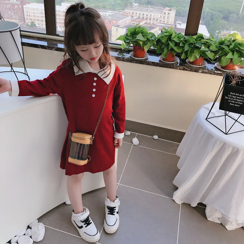 

Girls' Sweater Skirt Autumn Clothing Korean-style Children Baby Western Style Fold-down Collar Contrast Color Hipster Full Body
