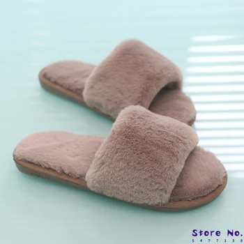 

2020 Women Fur Slippers Winter Flat Shoes Woman Plus Size Home Slipper Plush Pantufa Women House Terlik Warm Fluffy Flip Flops