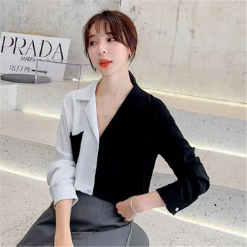 

2020 Spring New Women Patchwork Chiffon Shirt Long Sleeve Office Lady Blouse Fashion Turn-down Collar Tops With Pocket Tops D675