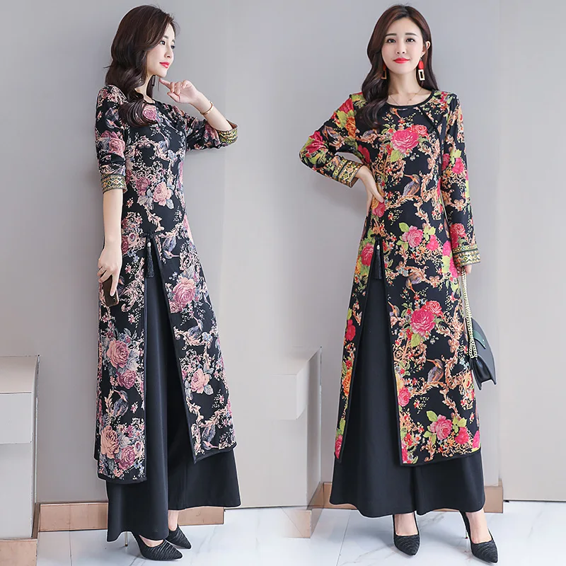

National Wind WOMEN'S Dress 2018 Autumn New Style Retro Slimming Improved Cheongsam Dress Loose Pants Two-Piece Set