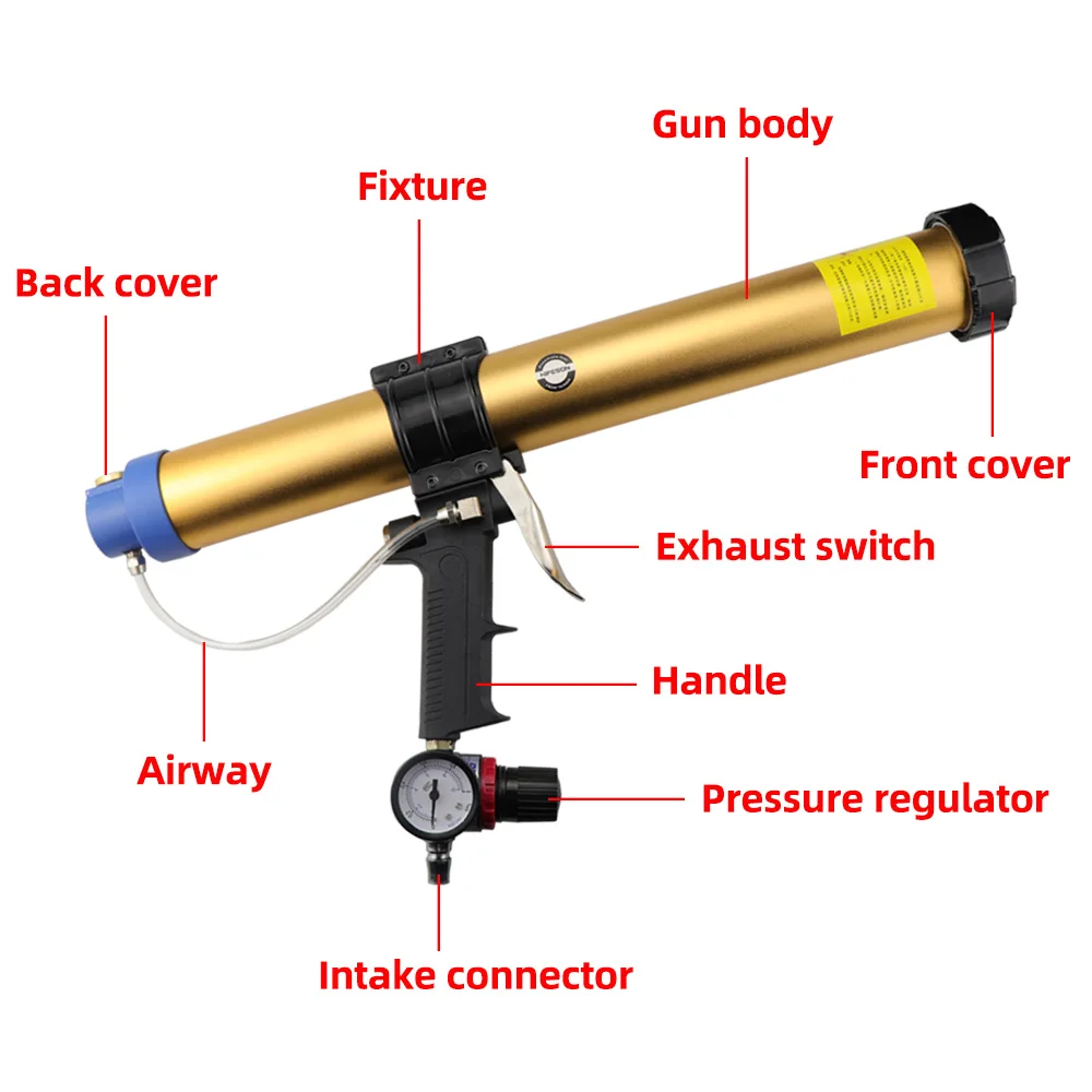 HIFESON Cylinder 600ml Pneumatic Glass Glue Gun Foam Caulking Tool Adjustable Pressure and Low Noise 20PCS Glue Nozzle Set