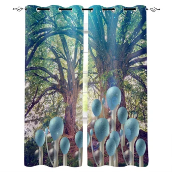 

Forest Mushroom Scenery Window Curtains Living Room Kitchen Curtains for Bedroom Left and Right Biparting Open Curtains