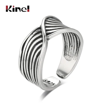 

Kinel Fashion S925 Sterling Silver Jewelry Retro Geometric Line Adjustable Rings For Women Wide Punk Couple Ring