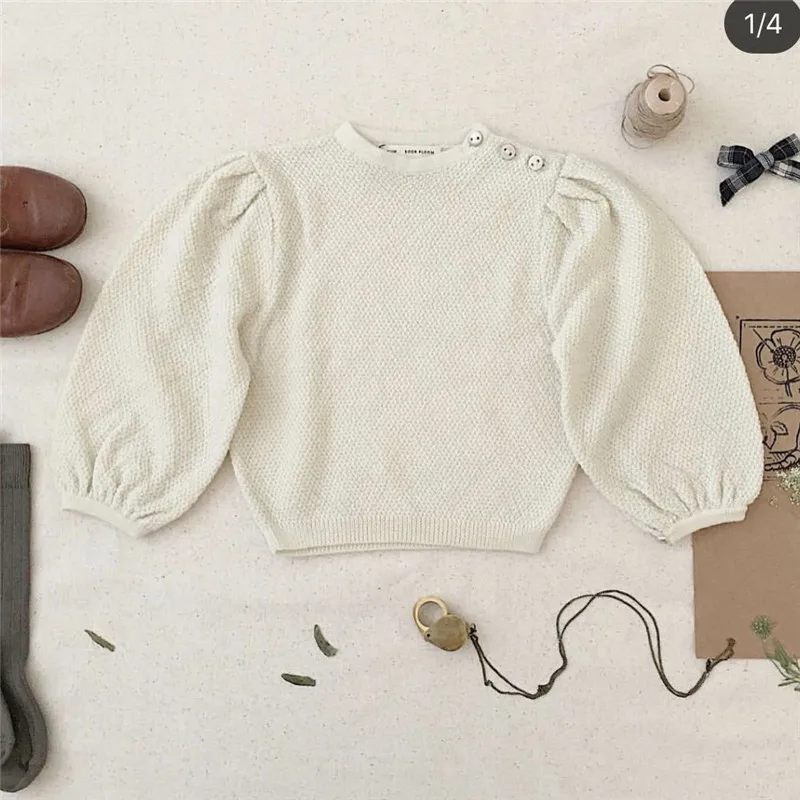 Soor Ploom/зимние свитера с пышными рукавами для маленьких девочек; Детские модные вязаные свитера с круглым вырезом; детский однотонный пуловер для маленьких девочек
