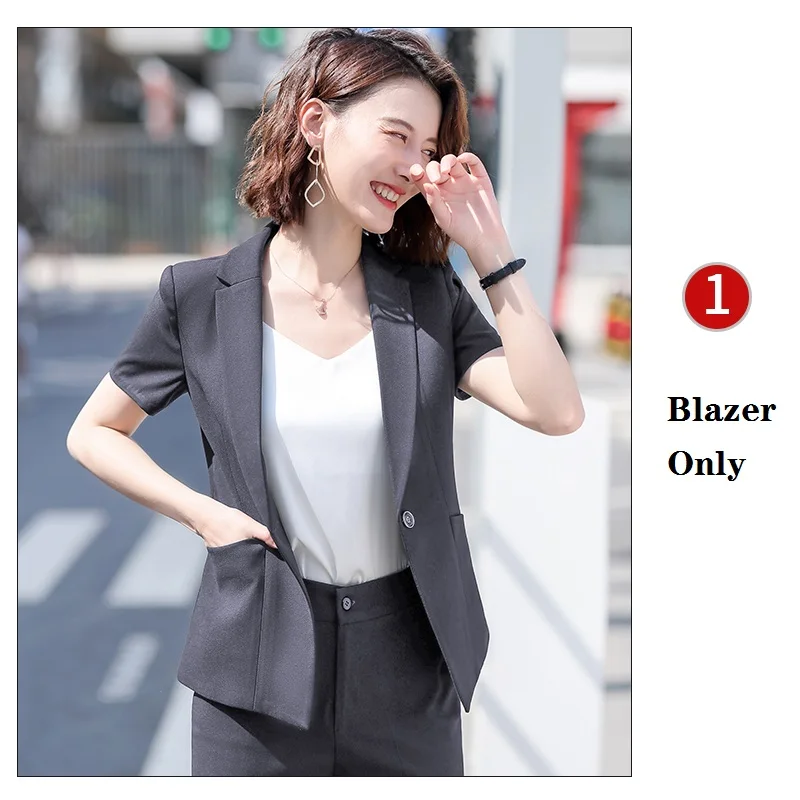 Grey Blazer Only Летние Формальные дамские брючные костюмы для женщин Деловые костюмы черный блейзер и пиджак Наборы Рабочая одежда Униформа короткий рукав - Цвет: Grey Blazer Only