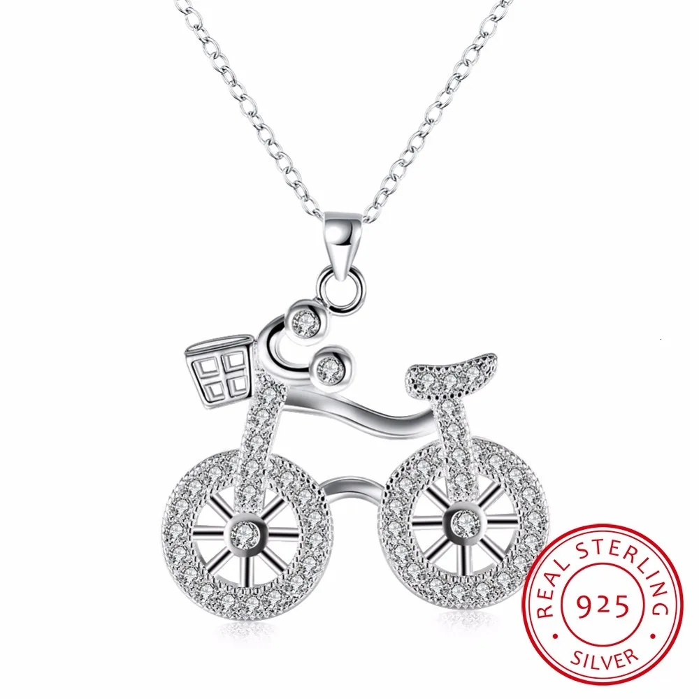 Lekani Real. 925 Sterling Silver Bicycle Cycle Necklace Pendant Bike With Clear Round Cz Aaa+ Rolo Chain Sterling-silver-jewelry