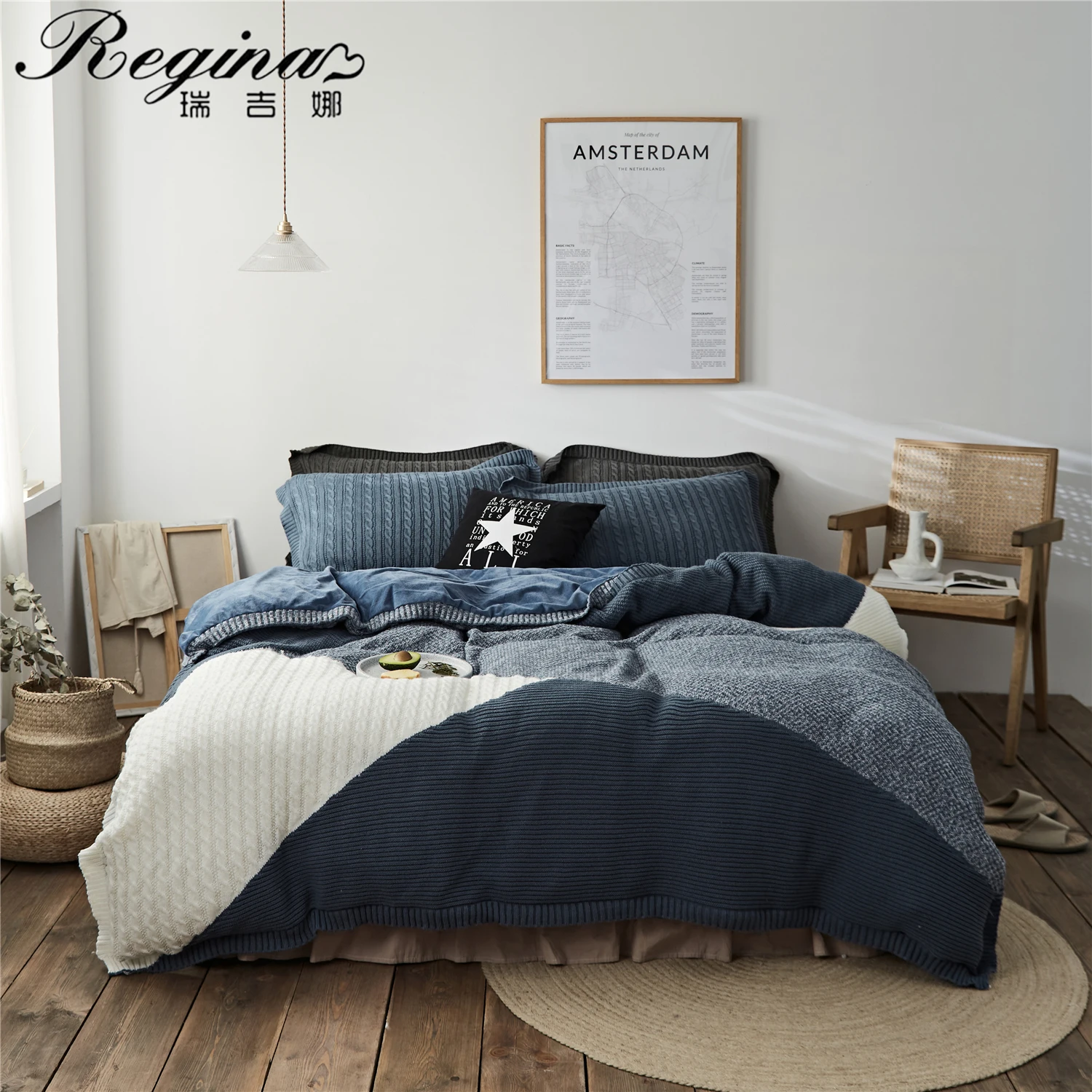 

REGINA Elegant Blue Gray Patchwork Bedding Set High-end Hand Knitted Home Decor Weighted Quilt Cover,Bedspread,Pillowcase 4pc