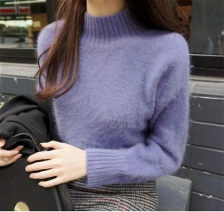 Корейский женский вязаный свитер осень зима желтая норка кашемир мягкие теплые пуловеры повседневные свободные топы со стоячим воротником - Цвет: Lavender
