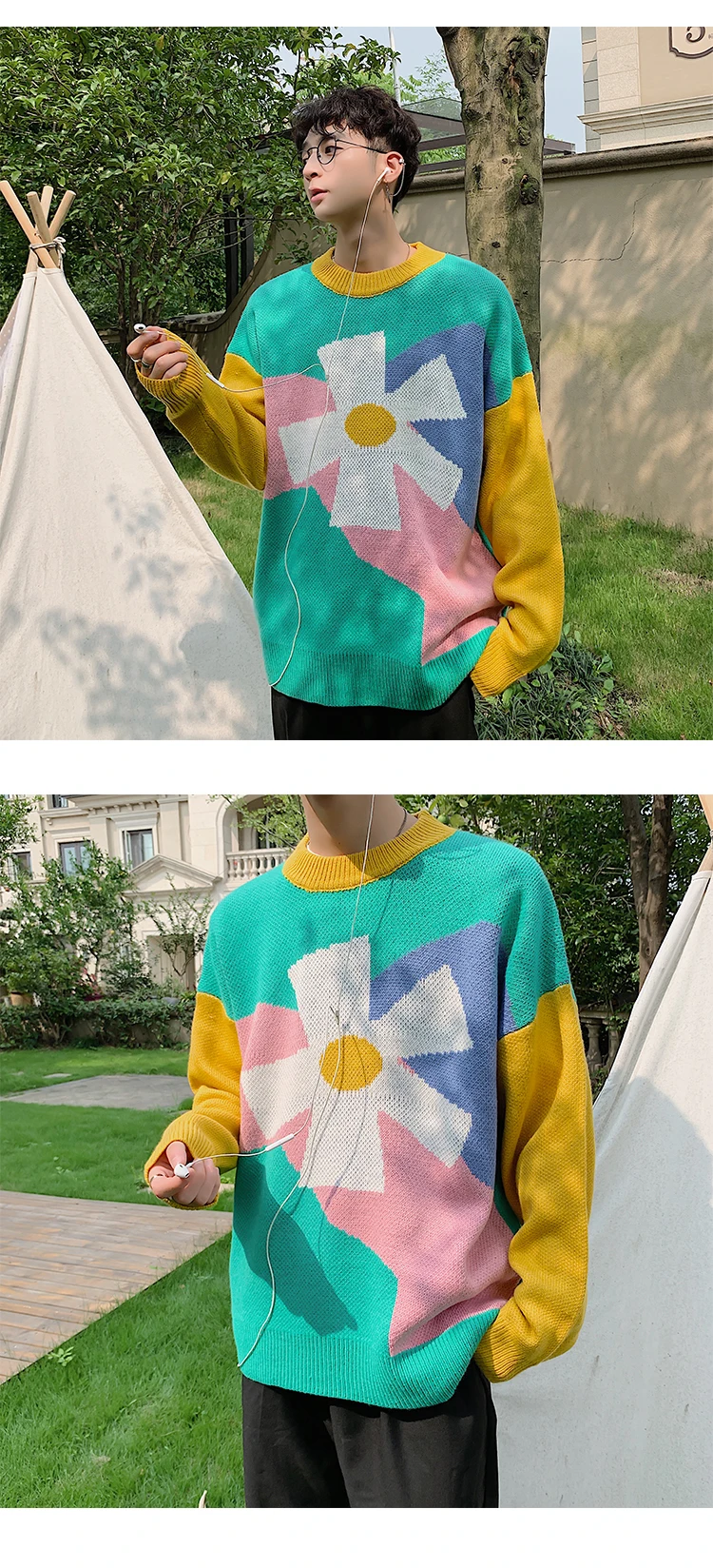Winter New Flower Sweater Men Warm Fashion Contrast Color Casual O-neck Knit Pullover Man Streetwear Wild Loose Sweater Clothes