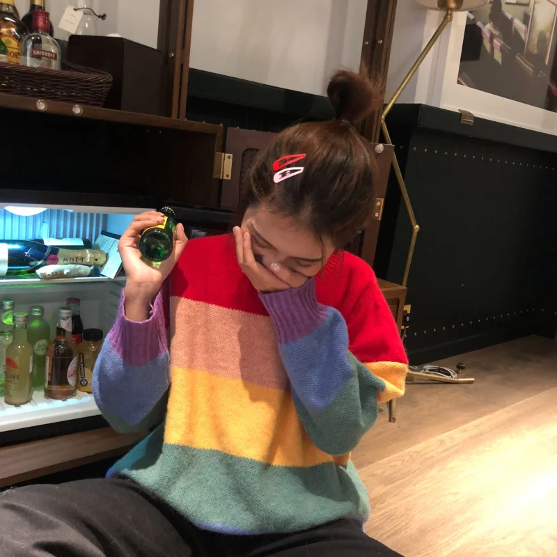 Ins Harajuku, винтажный Цветной полосатый пуловер, свитер, женский осенний корейский модный свободный свитер с круглым вырезом и длинными рукавами, Повседневный свитер