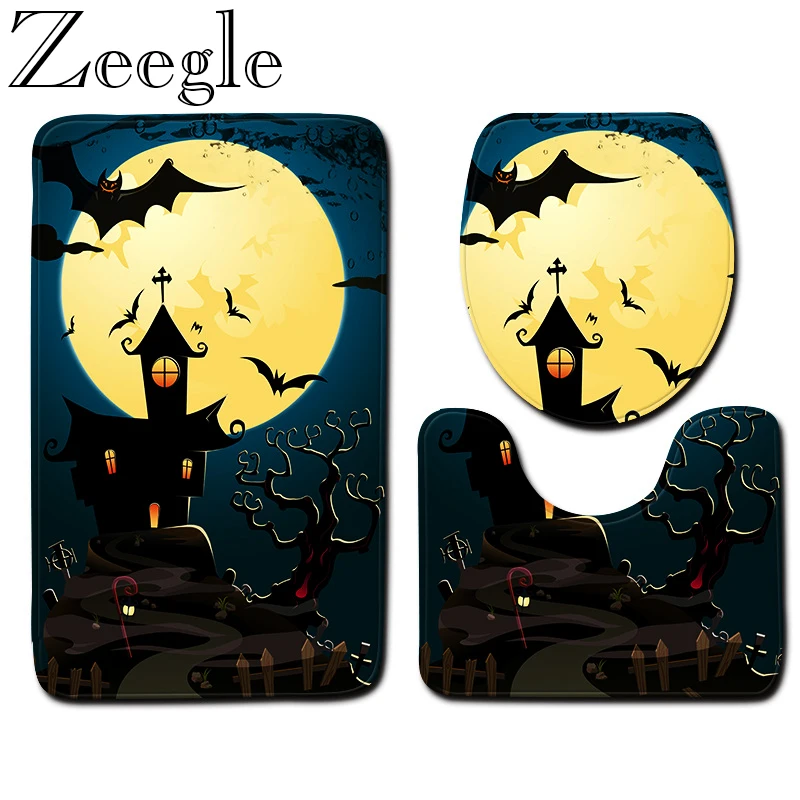 Halloween Bath Mat Bathroom Mat Set Anti-slip Toilet Pedestal Rug Bathroom Doormat Absorbent Shower Carpet Foot Mat Toilet Rug