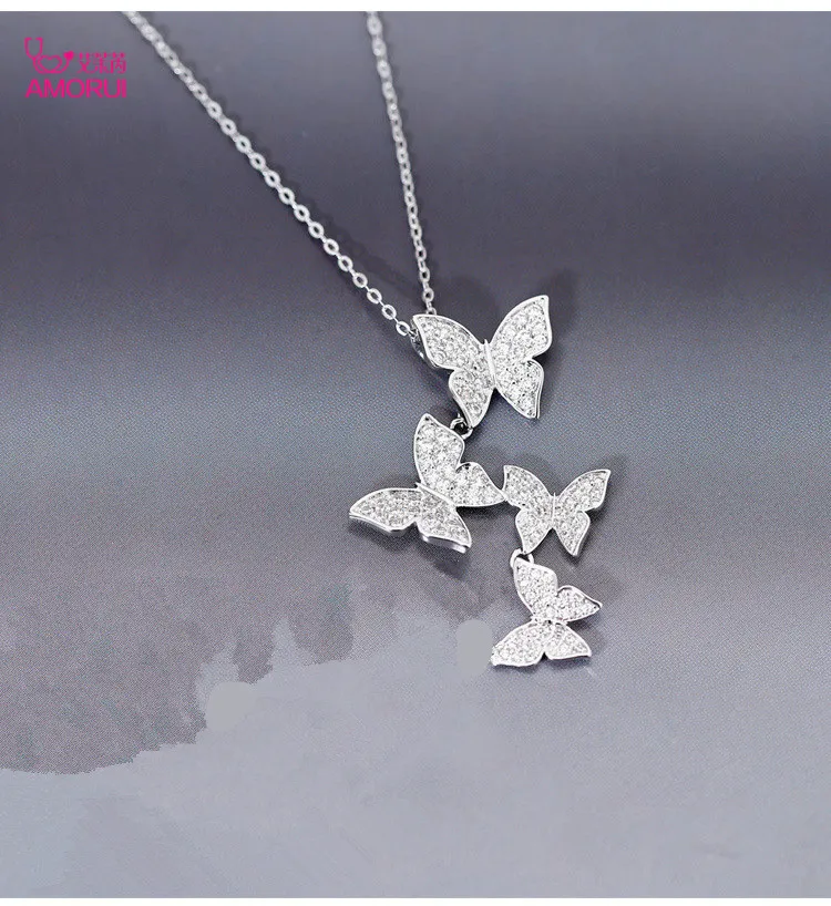 AMORUI Women Fashion Butterfly Silver Color Pendant Necklace Romantic AAA Zircon Necklace Anniversary Gift Jewelry