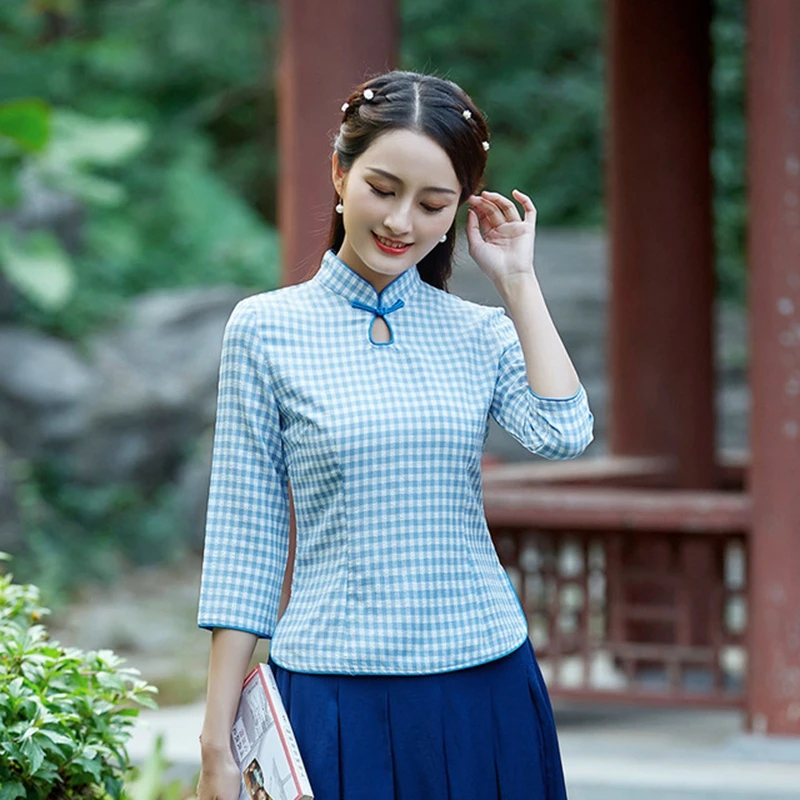 Китайский стиль учебный стиль для женщин с длинными рукавами Qipao решетки Улучшенный чёнсам Тан костюм рубашка женская повседневная одежда рубашка
