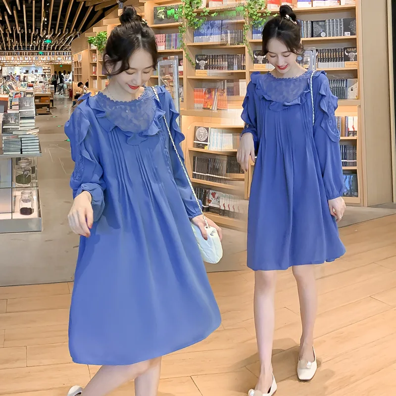 

2019 Autumn Lace Joint Maternity Clothes Dress Pregnant Women Chiffon Blouse Tops Dress