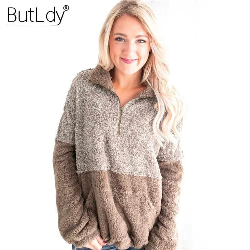 

Patchwork Fur Zipper Turn-down Collar Sweatshirt Women 2019 Autumn Winter Pocket Hoodies Female Hoodie Sweatshirt for Women