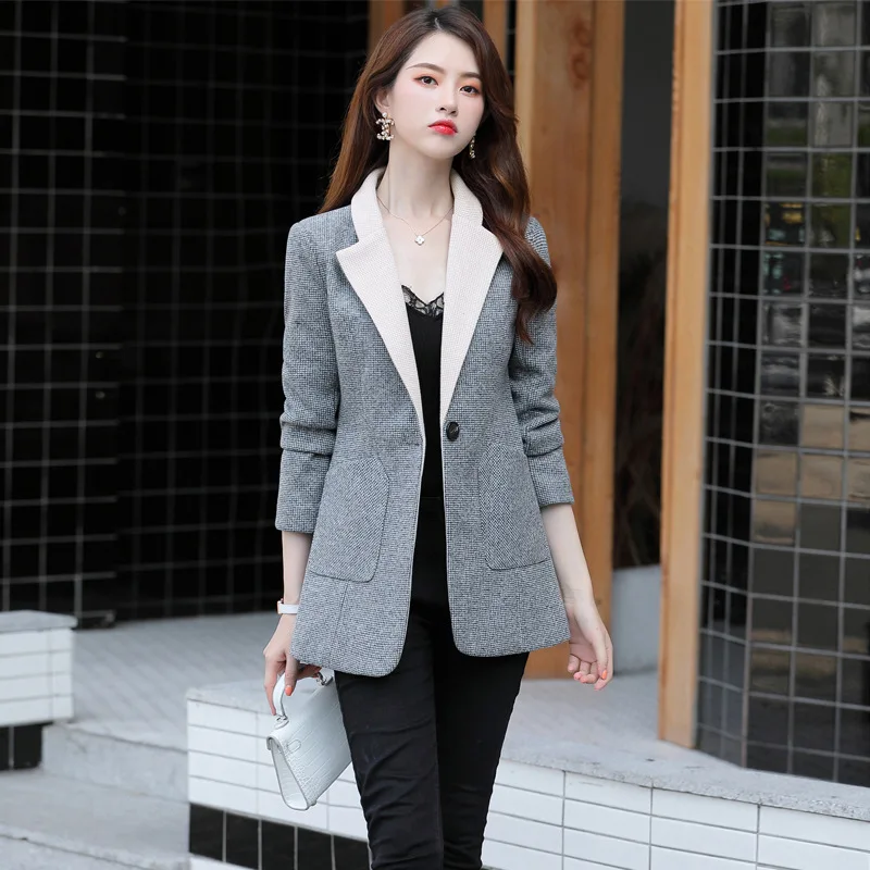 

High quality 2019 autumn new small plaid long-sleeved slim jacket Ladies blazer Temperament business office suit female 4 colors