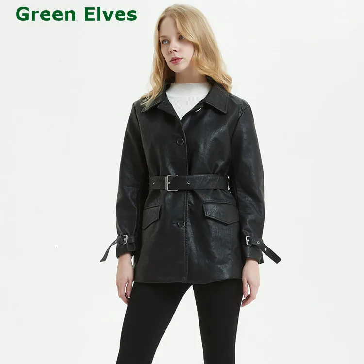 

Mid-Long Faux Leather Coat Trench Lady Single Breasted Black Plus Size Motor Belted PU Jacket Women Autumn Winter Wind Overcoat