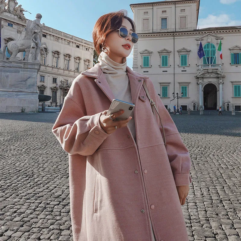 

Photo Shoot Pink Woolen Jacket Women's Mid-length 2019 Winter New Style Korean-style Loose-Fit plus Thick Cotton Woolen Overcoat