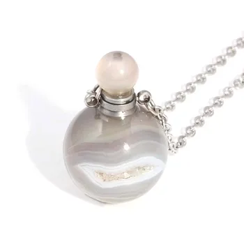 

KFT Natural Stones Onyx Agates Crystal Round Beads Perfume Essential Oil Bottle Diffuser Stone Pendant Necklace For Women Men