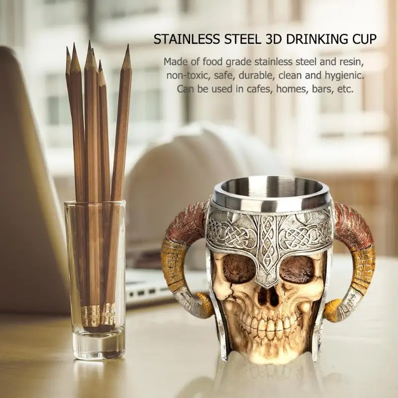 Ретро кружка из нержавеющей стали с черепом, 3D чашка для питья, полимерная кружка с скелетом, чайная кружка, чашки для чая, креативный рыцарский шлем, посуда для напитков на Хэллоуин