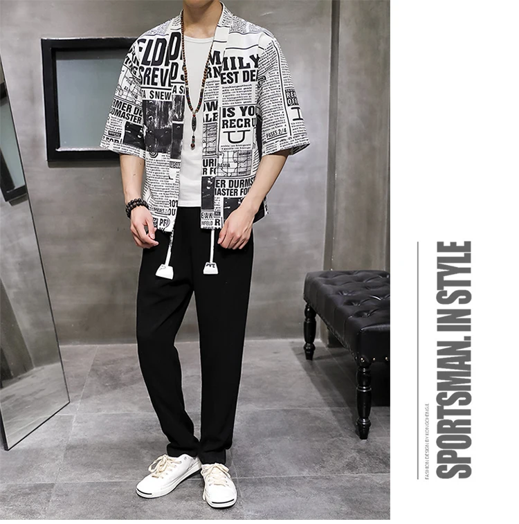 Blog Full Printing Summer Jacket Men Thin Loose Robe Coat Male Streetwear Short Sleeve Casual Travel Funny newspaper Belt Mantle