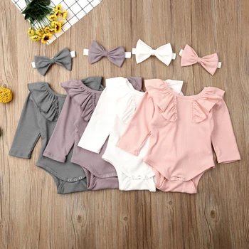 

2020 Toddler Baby Girl Children Cotton Bodysuits 2PCS With Headband Long Sleeve O Neck Ruffle Solid Pure Costume