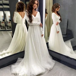 Ivory Long Sleeves Wedding Dress A Line V Neck Point Tulle Bridal Gowns V Neck Simple Cheaper Marriage Party Dresses Bohemian