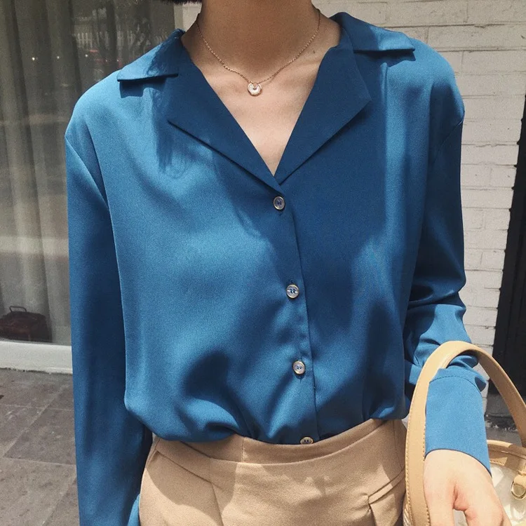 

Women Korean Style Solid Work Shirts Tops Long Sleeve Fashion V Neck Loose Chic Casual Shirts Classic Blouses Office Lady White