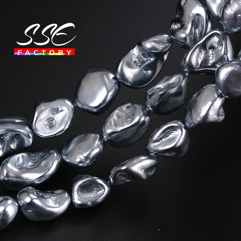 

16-20 mm Heat Treated Imitate Silvers Black Baroque Pearl Irregular Shell Loose Beads For Jewelry Making Bracelets 15" Strand