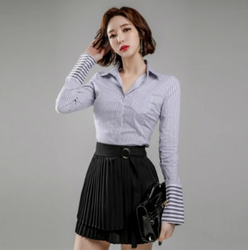 

Solid OL Office Work Two Piece Set Print Striped Blouse and Black Mini Pleated Skirt Women 2 Piece Set Fall Clothes for Women