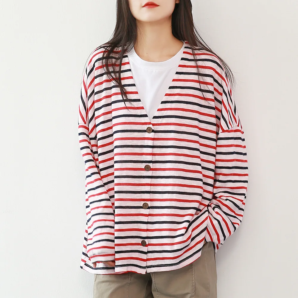 

Johnature Women Knitted Shirts Striped V-Neck Long Sleeve Soft Blouses Cotton 2019 Autumn Loose High Quality Women Cloths Shirts