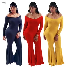 

Women Fashion Flare Jumpsuits Slash Neck Solid Slim Waist Long Sleeves Skinny One Pieces Bodycon Bell Bottoms Rompers