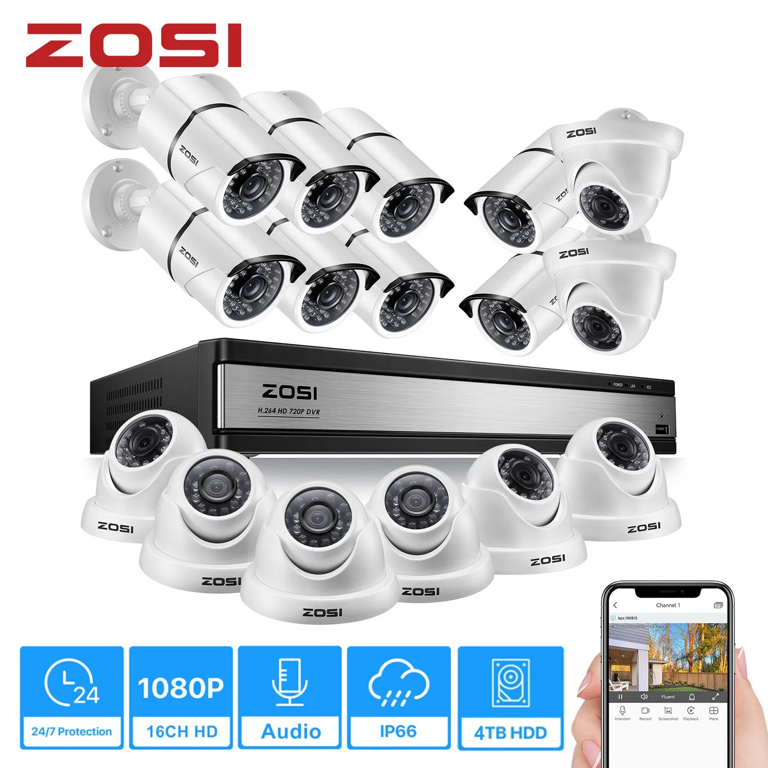 Система видеонаблюдения ZOSI 1080p 16CH с 16 камерами ночного видения 2 МП|Система