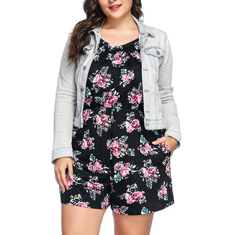 Женский комбинезон, комбинезон Macacao Feminino Curto Combinaison Pantalon Femme, короткий комбинезон с принтом, цельный комбинезон, наряд размера плюс - Цвет: Black