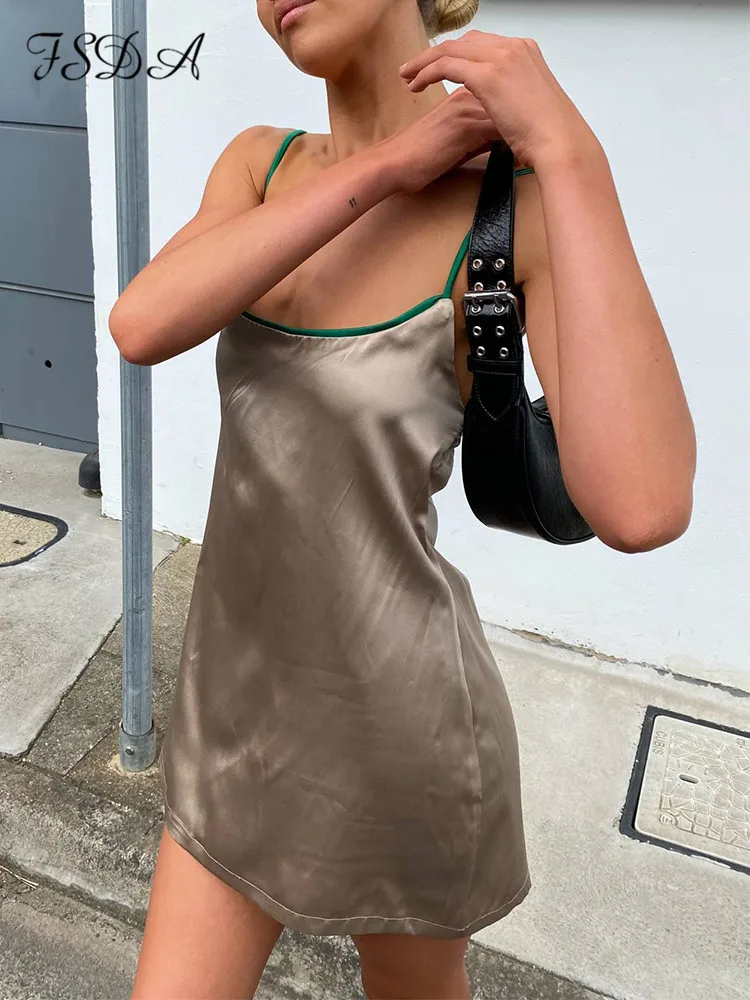 FSDA Spaghetti Strap Brown Y2K Mini Bodycon Dress Women Satin Khaki Club 2022 Summer Sleeveless Backless Party Dresses Elegant denim dress