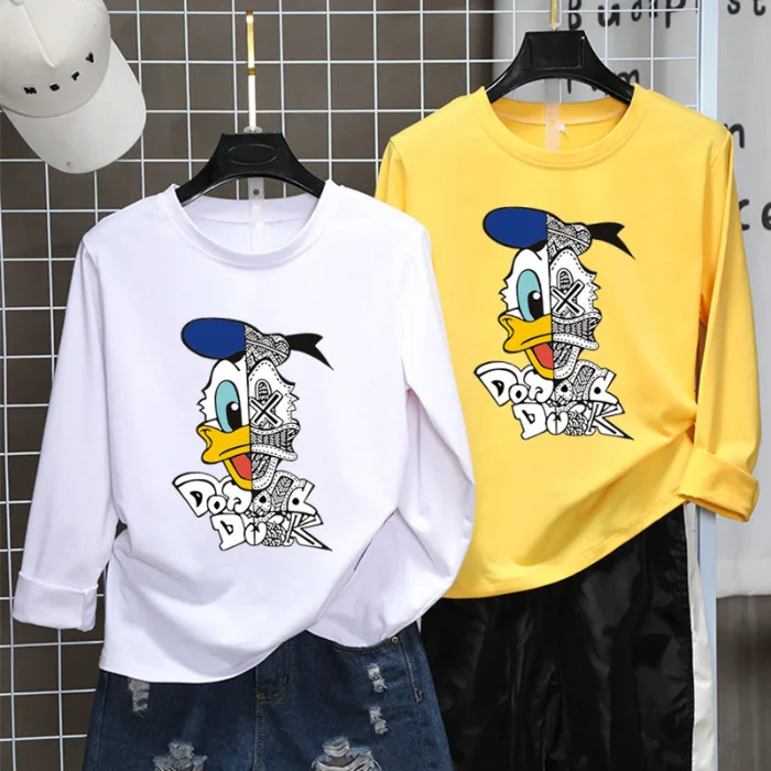 Harajuku-Style Cartoon Donald Duck T-shirt Women's Long-Sleeve Korean-style BF Loose And Plus-sized Versitile Fashion Tops