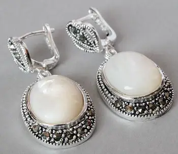 

handmade lady's 925 Silver White Sea Shell Marcasit Earrings